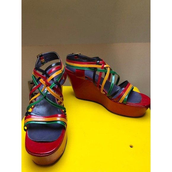 1970s vintage rainbow platform wedges sandals Shoe Biz jerry Edouard 7.5 shoes - Picture 3 of 8